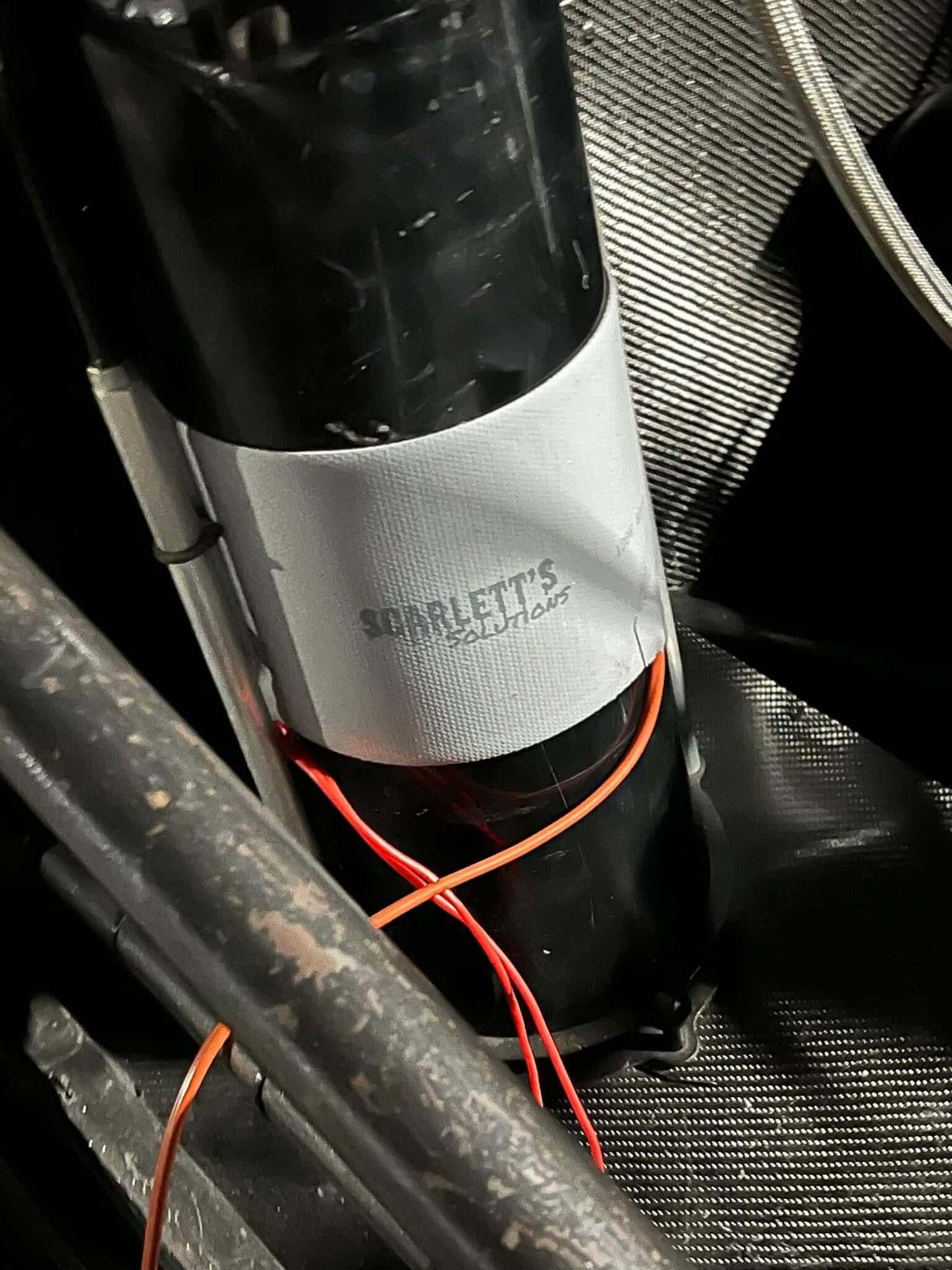 Nitrous Bottle Heater from Scarlett's Solutions, showing connections and wiring in a race car setup.