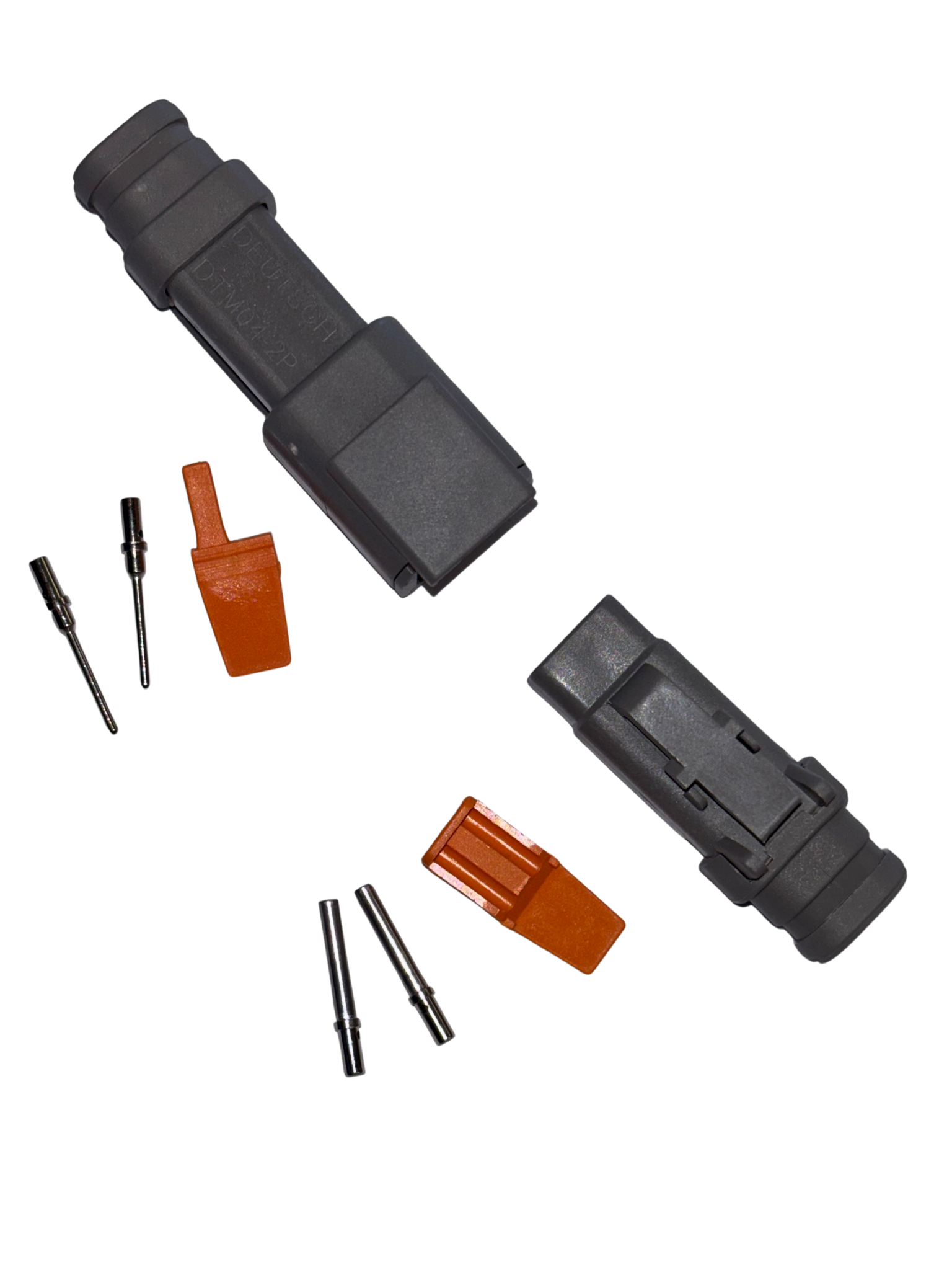 Deutsch DTM 2P complete connector with housings, wedgelocks, and barrel pins for extreme duty applications.
