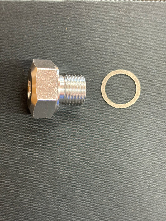 LS oil pressure adapter showing M16x1.5 to 1/8 NPT design with sealing washer included.