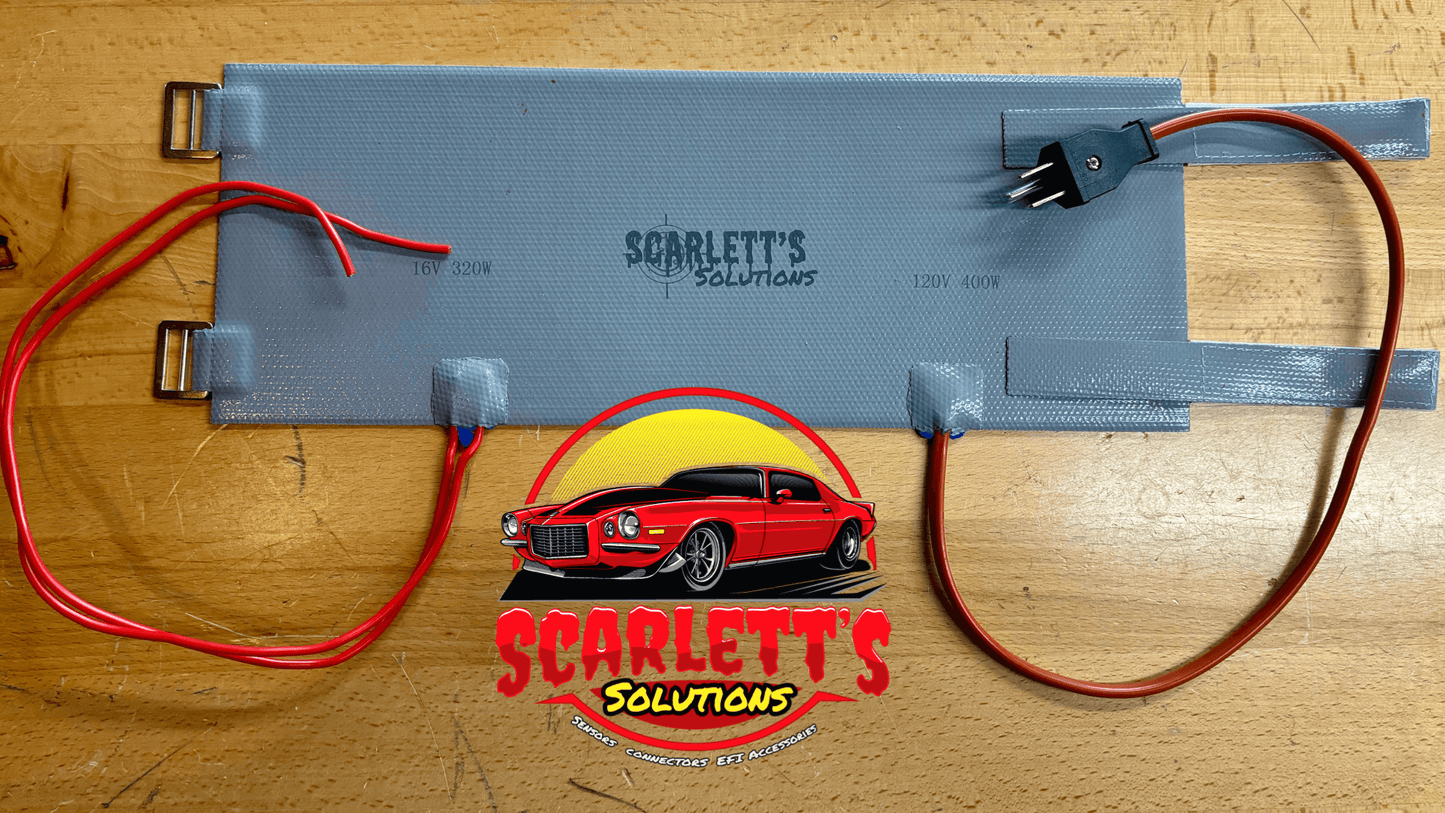 Nitrous Bottle Heater showing dual voltage connections with 120v plug and wires from Scarlett's Solutions.