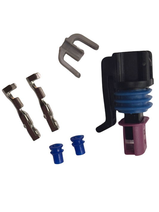 GM coolant temperature connector with pins, seals, and housing for high-quality fluid temperature sensors.